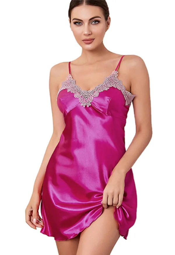 Magenta_Silk_Satin_Lace_Trim_Baby_Doll_Lingerie_For_Women
