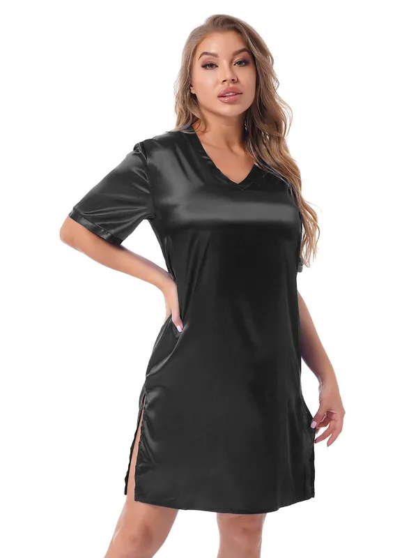 Dark_Black_Silk_Satin_Sexyshort_Sleepwear_For_Women