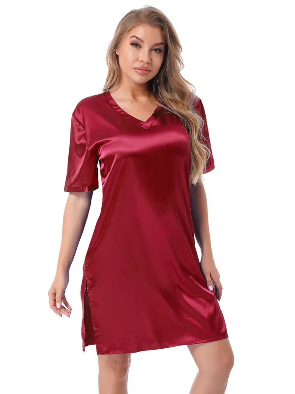 Maroon_Silk_Satin_Sexy_Short_Sleepwear_For_Women