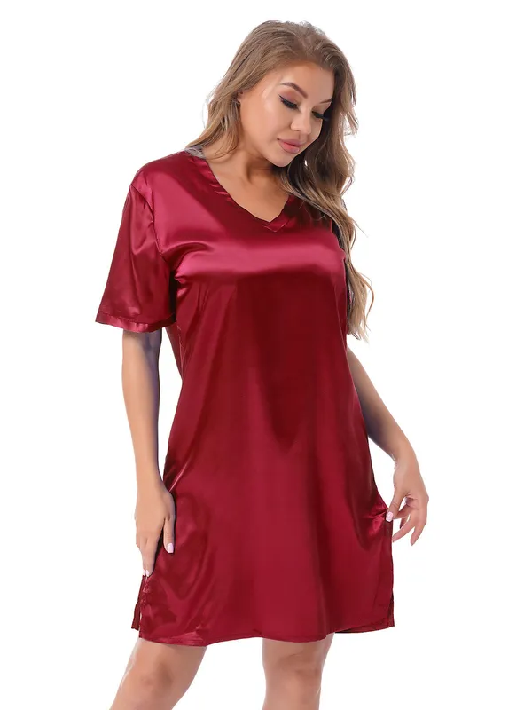 Maroon_Silk_Satin_Sexy_Short_Sleepwear_For_Women