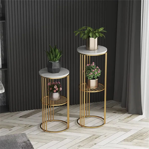 Gold_round_side_table_(2_pcs)_with_a_compact_plant_display_stand,_accent_corner_sofa_side_tables,_and_2-tier_shelves,_size:_50x60_cm.