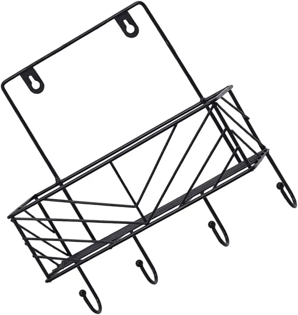 Gold_wall-mounted_storage_shelves_with_an_ironing_board_hanger,_wall_mount_board,_and_wall_mount_hanger_hooks_in_black.