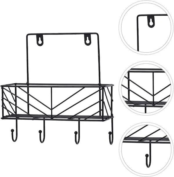 Gold_wall-mounted_storage_shelves_with_an_ironing_board_hanger,_wall_mount_board,_and_wall_mount_hanger_hooks_in_black.