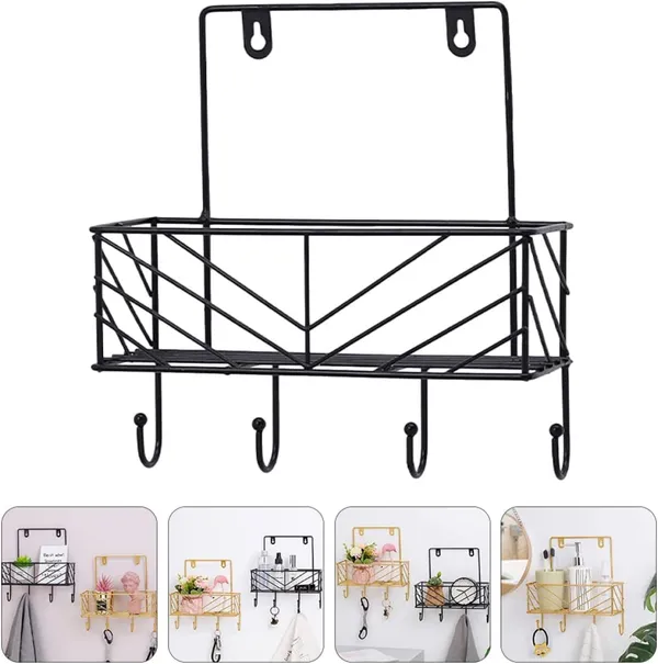 Gold_wall-mounted_storage_shelves_with_an_ironing_board_hanger,_wall_mount_board,_and_wall_mount_hanger_hooks_in_black.