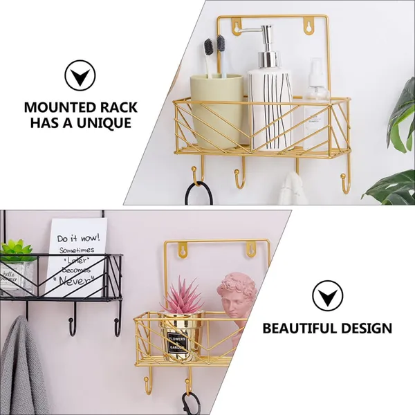 Gold_wall-mounted_storage_shelves_with_an_ironing_board_hanger,_wall_mount_board,_and_wall_mount_hanger_hooks_in_black.