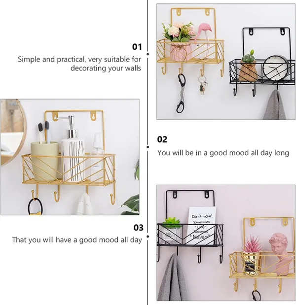 Gold_wall-mounted_storage_shelves_with_an_ironing_board_hanger,_wall_mount_board,_and_wall_mount_hanger_hooks_in_black.