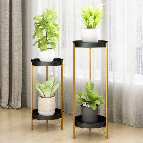 Gold_2-tier_plant_stand_table,_metal_corner_display_vase_stand,_and_container_for_indoor_flower_pot_or_planter_holder._Round_tray_design,_rustproof_iron,_outdoor_modern,_and_stylish.