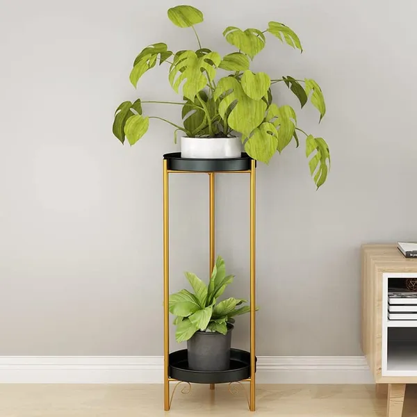 Gold_2-tier_plant_stand_table,_metal_corner_display_vase_stand,_and_container_for_indoor_flower_pot_or_planter_holder._Round_tray_design,_rustproof_iron,_outdoor_modern,_and_stylish.