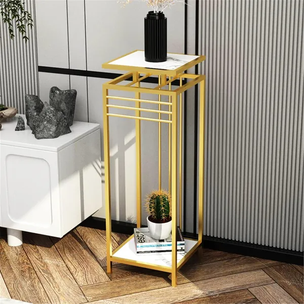 Gold_plant_table_for_indoor_use,_flower_pot_holder_with_a_2-tier_square_shelving_unit_for_the_living_room.