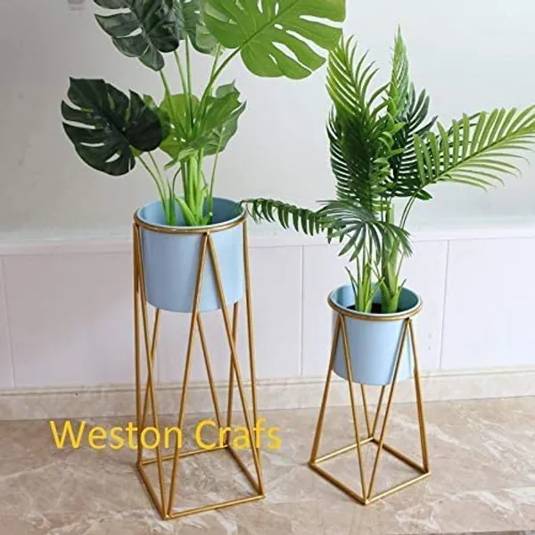 Gold_modern_flower_metal_planter_stand_with_a_galvanized_iron_sheet_pot_and_succulent_stand._Minimalist_planter_for_indoor_and_outdoor_use_with_a_sky_blue_pot_and_golden_stand.