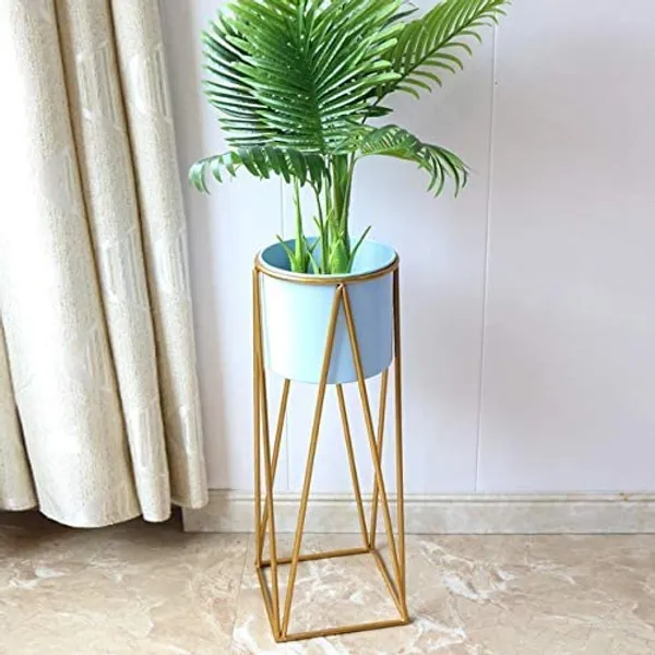 Gold_modern_flower_metal_planter_stand_with_a_galvanized_iron_sheet_pot_and_succulent_stand._Minimalist_planter_for_indoor_and_outdoor_use_with_a_sky_blue_pot_and_golden_stand.