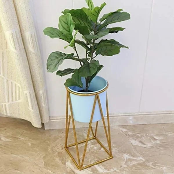 Gold_modern_flower_metal_planter_stand_with_a_galvanized_iron_sheet_pot_and_succulent_stand._Minimalist_planter_for_indoor_and_outdoor_use_with_a_sky_blue_pot_and_golden_stand.