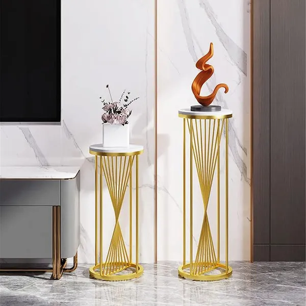 Set_of_2_Gold_Round_Top_Side_Tables_Tall_Plant_Stand_&_Flower_Pot_Holder,_Black_Iron_Accent,_Ideal_for_Bedroom_&_Living_Room