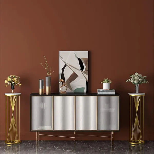 Set_of_2_Gold_Round_Top_Side_Tables_Tall_Plant_Stand_&_Flower_Pot_Holder,_Black_Iron_Accent,_Ideal_for_Bedroom_&_Living_Room