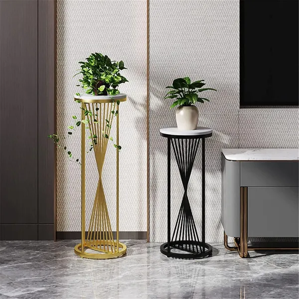 Set_of_2_Gold_Round_Top_Side_Tables_Tall_Plant_Stand_&_Flower_Pot_Holder,_Black_Iron_Accent,_Ideal_for_Bedroom_&_Living_Room