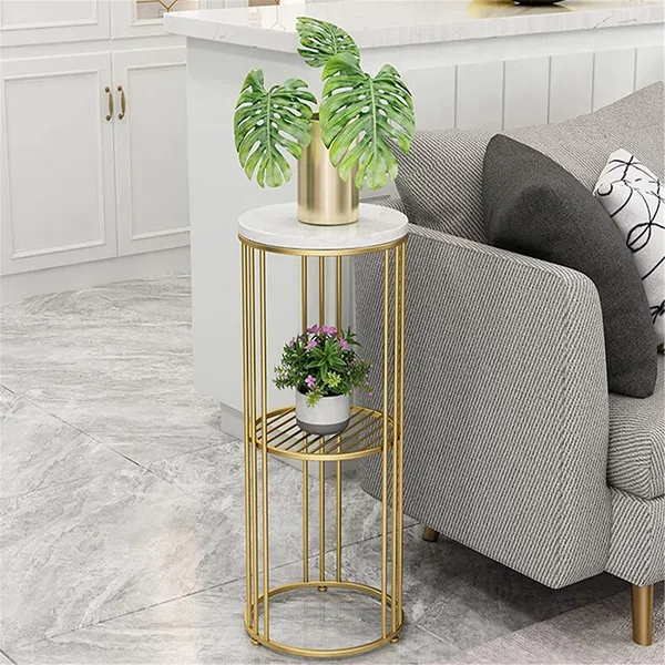 Gold_round_side_table_with_a_compact_design,_plant_display_stand,_and_corner_furniture_piece._Wooden_sofa_table_with_2-tier_shelves.