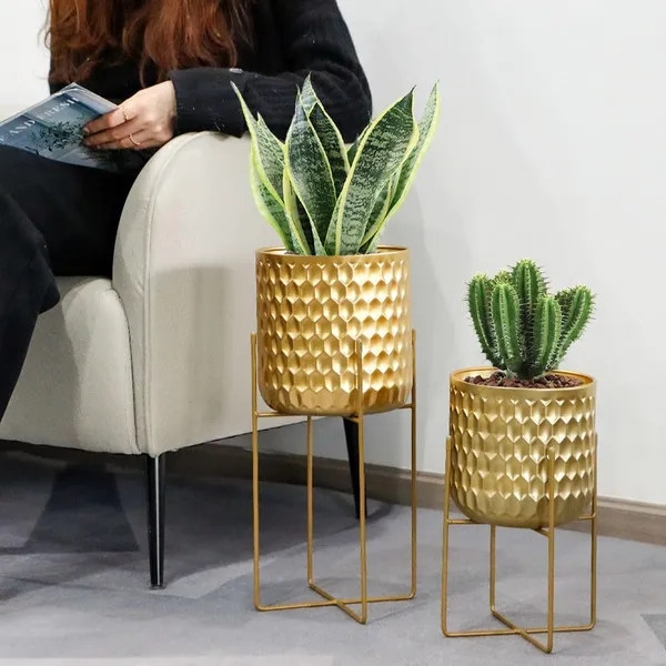 Weston_Crafts_2_Planters_with_Stand_Indoor_Outdoor_Metal_Plant_Stand_8_*_18_&7_*_12_"Modern_Planters_Flower_Pots_for_Living_Room_Corner_Kitchen_Office_Garden_Balcony_Patio