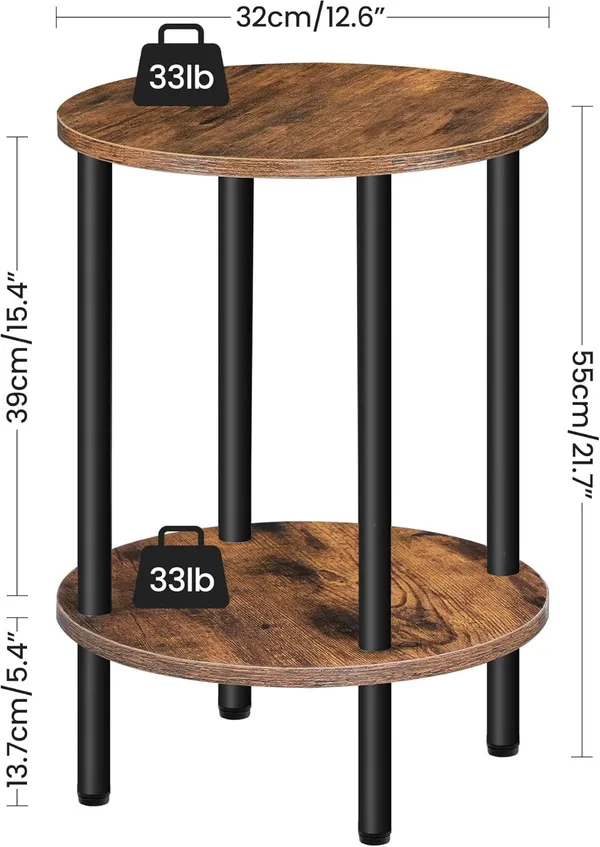 Weston_Crafts_2-Tier_End_Table,_Small_Round_Nightstand_with_Sturdy_Metal_Tube,_Industrial_Coffee_Table,_for_Living_Room,_Bedroom,_Rustic_Brown_and_Black