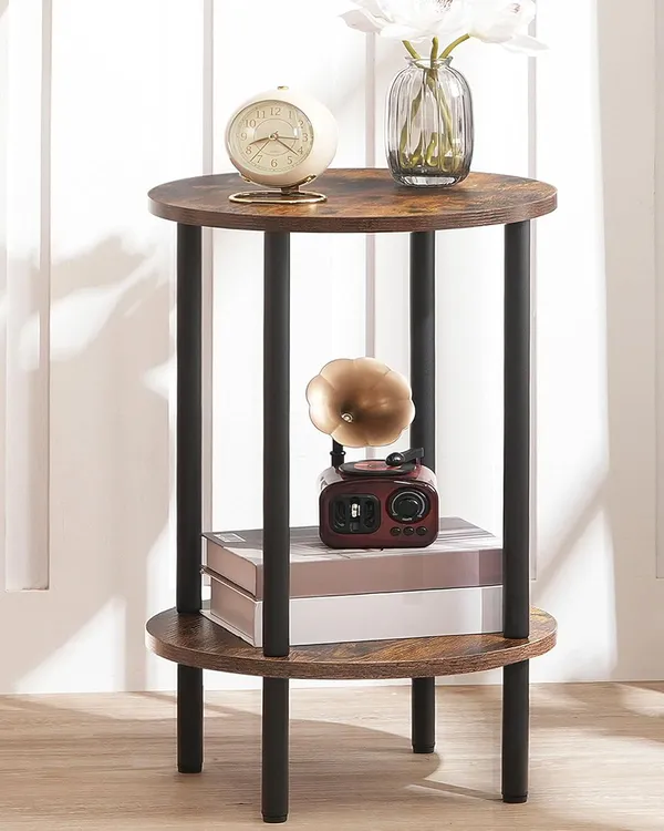 Weston_Crafts_2-Tier_End_Table,_Small_Round_Nightstand_with_Sturdy_Metal_Tube,_Industrial_Coffee_Table,_for_Living_Room,_Bedroom,_Rustic_Brown_and_Black