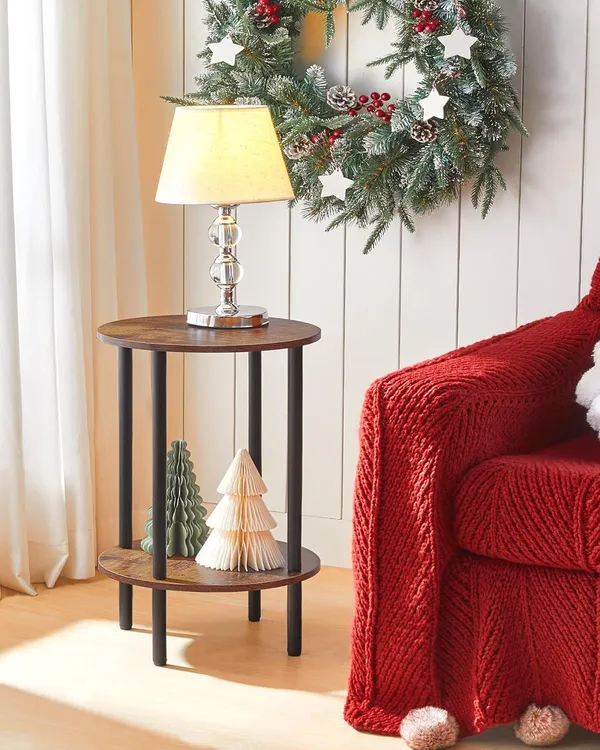 Weston_Crafts_2-Tier_End_Table,_Small_Round_Nightstand_with_Sturdy_Metal_Tube,_Industrial_Coffee_Table,_for_Living_Room,_Bedroom,_Rustic_Brown_and_Black