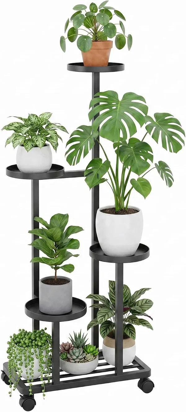 Weston_Crafts_4_Tier_Plant_Stand_Indoor,_Tall_Metal_Plant_Rack_with_Wheels_Corner_Plant_Rack_with_Adjustable_Feet,_Multiple_Flower_Pot_Stand_for_Patio_Garden_Porch_Living_Room_Balcony_Entryway,_Black