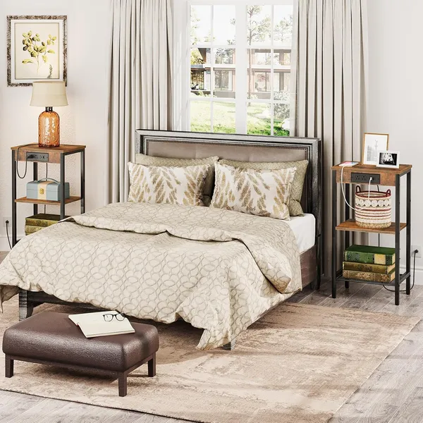 Weston_Crafts_End_Table_with_Charging_Station,_26_Inch_Slim_Tall_Nightstand,_3-Tier_Narrow_Side_Table_with_Adjustable_Shelf,_for_Living_Room,_Bedroom,_Small_Space,_Hallway,_Rustic_Brown