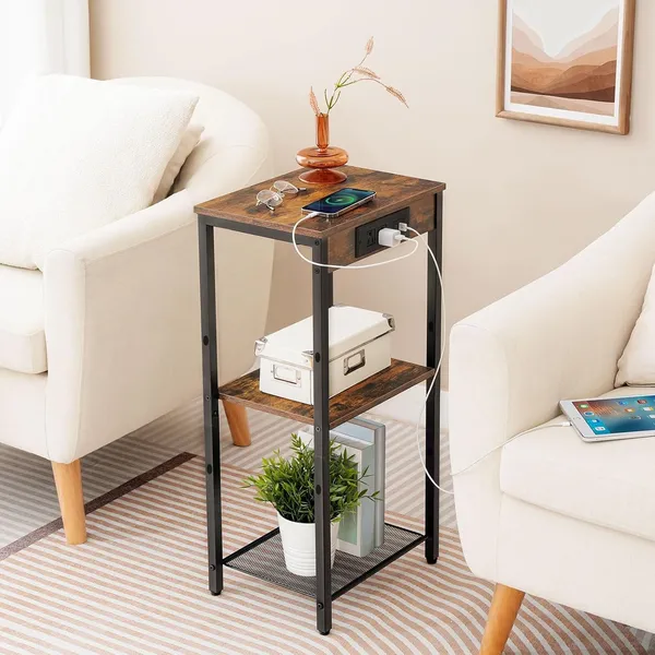 Weston_Crafts_End_Table_with_Charging_Station,_26_Inch_Slim_Tall_Nightstand,_3-Tier_Narrow_Side_Table_with_Adjustable_Shelf,_for_Living_Room,_Bedroom,_Small_Space,_Hallway,_Rustic_Brown