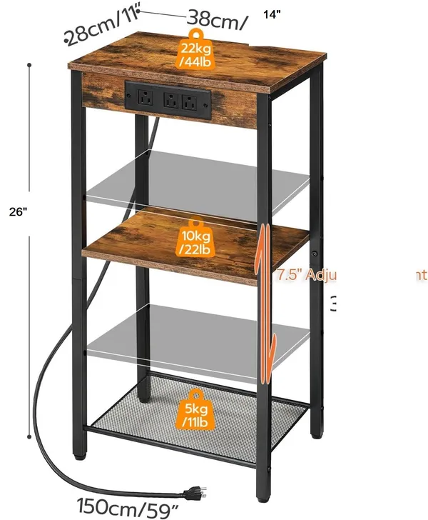 Weston_Crafts_End_Table_with_Charging_Station,_26_Inch_Slim_Tall_Nightstand,_3-Tier_Narrow_Side_Table_with_Adjustable_Shelf,_for_Living_Room,_Bedroom,_Small_Space,_Hallway,_Rustic_Brown