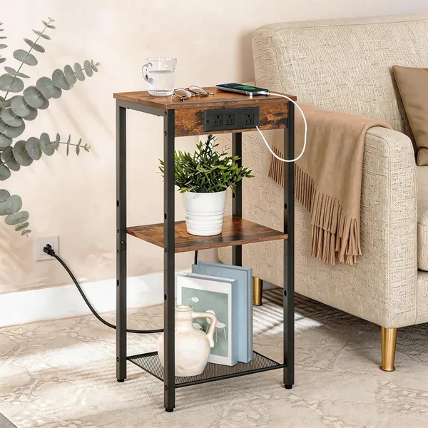 Weston_Crafts_End_Table_with_Charging_Station,_26_Inch_Slim_Tall_Nightstand,_3-Tier_Narrow_Side_Table_with_Adjustable_Shelf,_for_Living_Room,_Bedroom,_Small_Space,_Hallway,_Rustic_Brown
