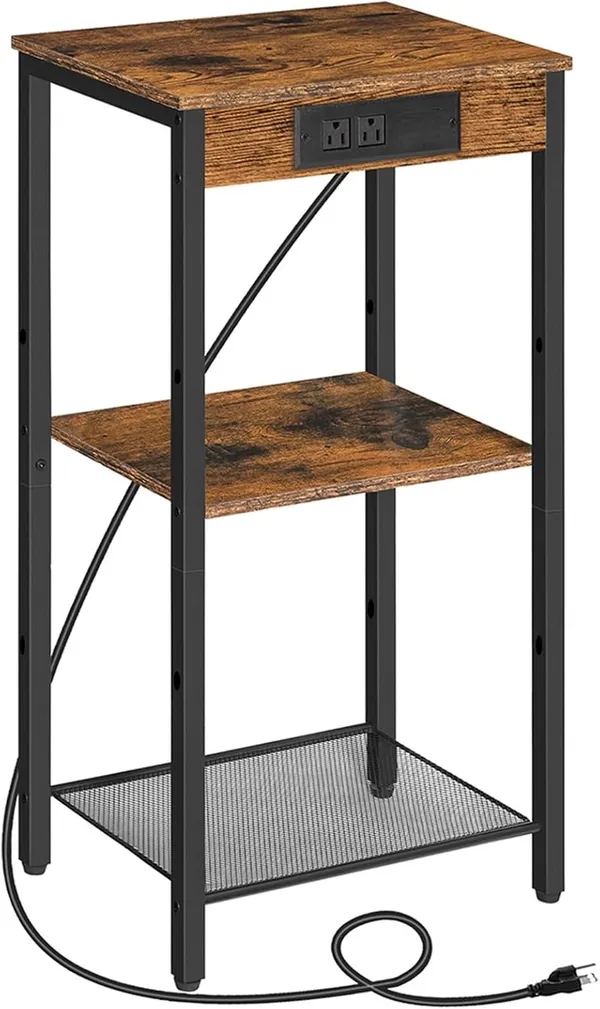 Weston_Crafts_End_Table_with_Charging_Station,_26_Inch_Slim_Tall_Nightstand,_3-Tier_Narrow_Side_Table_with_Adjustable_Shelf,_for_Living_Room,_Bedroom,_Small_Space,_Hallway,_Rustic_Brown
