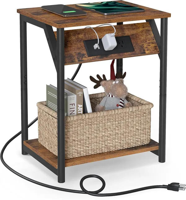 Weston_Crafts_End_Table_with_Charging_Station,_Small_Side_Table_for_Living_Room,_Bedroom,_Nightstand_with_Outlets_Bedside_Table_with_Storage_Shelf,_Rustic_Brown_and_Black