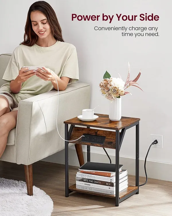 Weston_Crafts_End_Table_with_Charging_Station,_Small_Side_Table_for_Living_Room,_Bedroom,_Nightstand_with_Outlets_Bedside_Table_with_Storage_Shelf,_Rustic_Brown_and_Black
