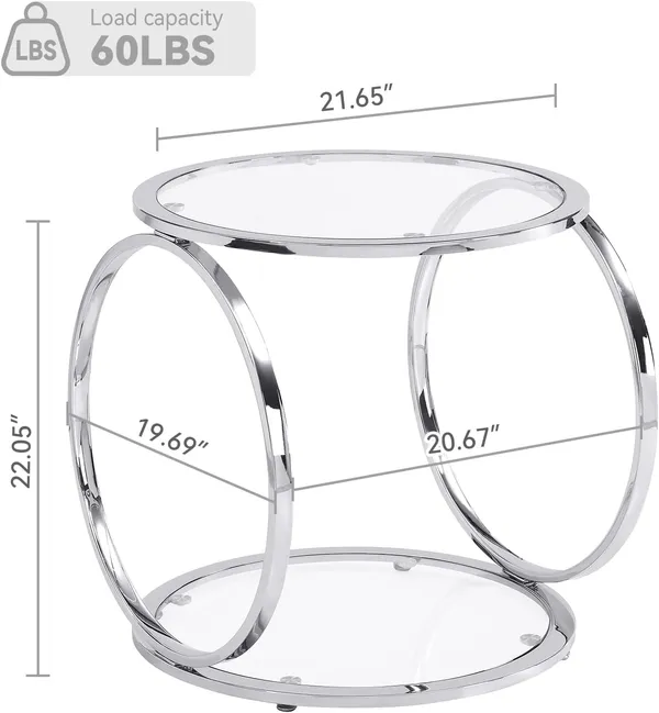 Weston_Crafts_Glass_Coffee_Table,_Sliver_Round_Coffee_Table,Glass_Side_Table,Living_Room_Table_for_Home&Office_with_2_Tiers,Ring-Shaped_Frames,Metal_Chrome_Frame