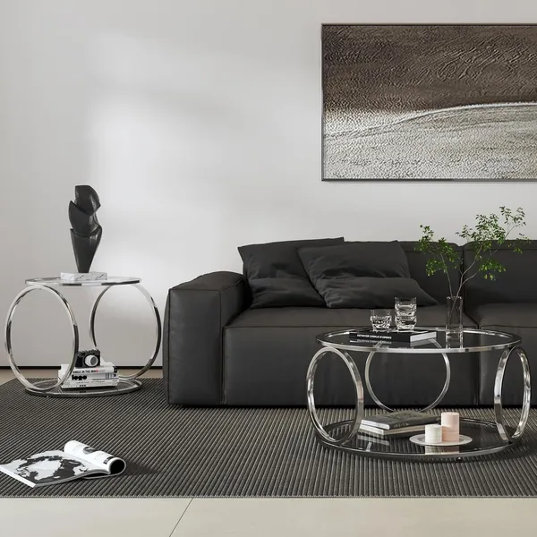 Weston_Crafts_Glass_Coffee_Table,_Sliver_Round_Coffee_Table,Glass_Side_Table,Living_Room_Table_for_Home&Office_with_2_Tiers,Ring-Shaped_Frames,Metal_Chrome_Frame