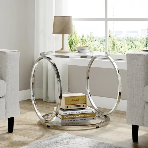 Weston_Crafts_Glass_Coffee_Table,_Sliver_Round_Coffee_Table,Glass_Side_Table,Living_Room_Table_for_Home&Office_with_2_Tiers,Ring-Shaped_Frames,Metal_Chrome_Frame