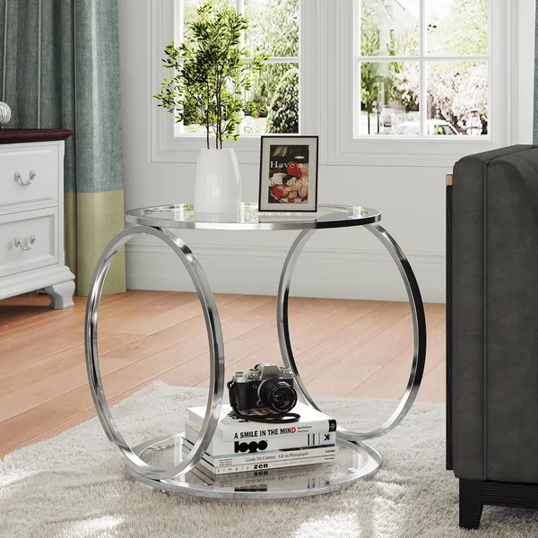 Weston_Crafts_Glass_Coffee_Table,_Sliver_Round_Coffee_Table,Glass_Side_Table,Living_Room_Table_for_Home&Office_with_2_Tiers,Ring-Shaped_Frames,Metal_Chrome_Frame