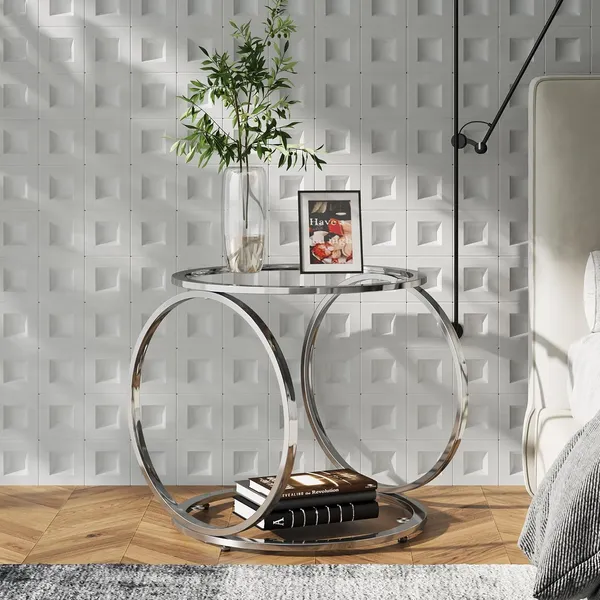 Weston_Crafts_Glass_Coffee_Table,_Sliver_Round_Coffee_Table,Glass_Side_Table,Living_Room_Table_for_Home&Office_with_2_Tiers,Ring-Shaped_Frames,Metal_Chrome_Frame