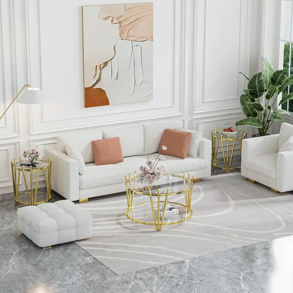 Weston_Crafts_Gold_Glass_End_Table_Round_19.7"_Sofa_Side_Table_for_Living_Room,_Modern_Luxury_Crown_Design_Stainless_Steel_Leg,_Transparent_Tempered_Glass_Small_Coffee_Table,_Clear