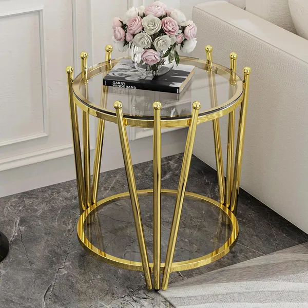 Weston_Crafts_Gold_Glass_End_Table_Round_19.7"_Sofa_Side_Table_for_Living_Room,_Modern_Luxury_Crown_Design_Stainless_Steel_Leg,_Transparent_Tempered_Glass_Small_Coffee_Table,_Clear