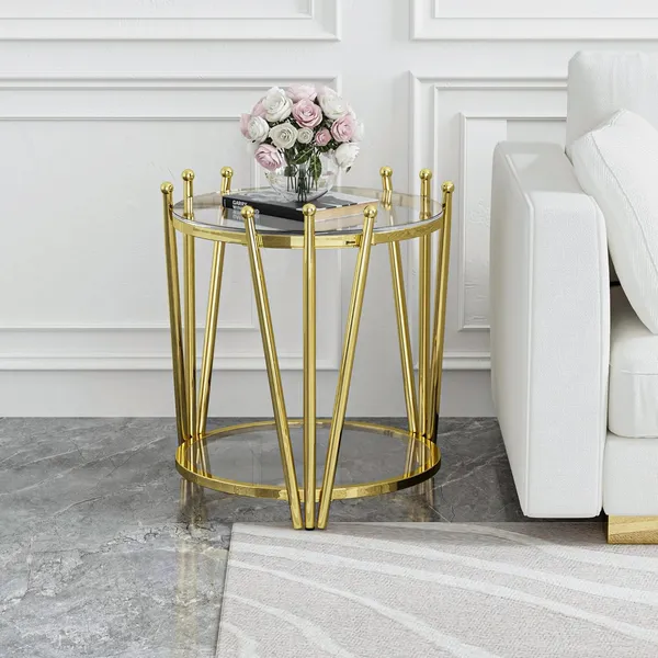 Weston_Crafts_Gold_Glass_End_Table_Round_19.7"_Sofa_Side_Table_for_Living_Room,_Modern_Luxury_Crown_Design_Stainless_Steel_Leg,_Transparent_Tempered_Glass_Small_Coffee_Table,_Clear