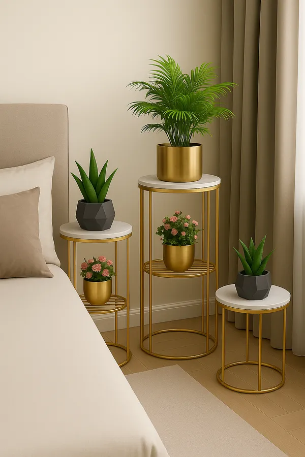 Weston_Crafts_Modern_Metal_Plant_Stand_with_Marble_Top_–_Tall_&_Short_Set_of_2_Indoor_Plant_Holder_for_Living_Room,_Bedroom,_Hallway,_and_Office_Décor_(Gold_Finish)