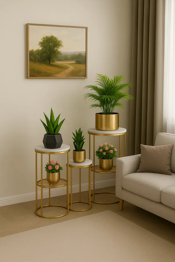 Weston_Crafts_Modern_Metal_Plant_Stand_with_Marble_Top_–_Tall_&_Short_Set_of_2_Indoor_Plant_Holder_for_Living_Room,_Bedroom,_Hallway,_and_Office_Décor_(Gold_Finish)