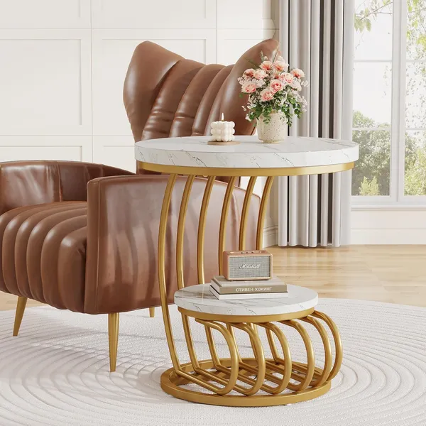 Weston_Crafts_Round_End_Table,_2-Tier_Modern_Wood_Side_Table_with_Shelf_Storage,_Faux_Marble_Sofa_Side_Bedside_Nightstand,_Arc-Shaped_Frame_Accent_Furniture_for_Living_Room,_Gold_&_White
