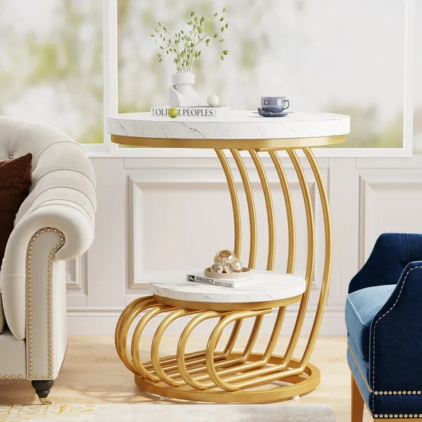 Weston_Crafts_Round_End_Table,_2-Tier_Modern_Wood_Side_Table_with_Shelf_Storage,_Faux_Marble_Sofa_Side_Bedside_Nightstand,_Arc-Shaped_Frame_Accent_Furniture_for_Living_Room,_Gold_&_White