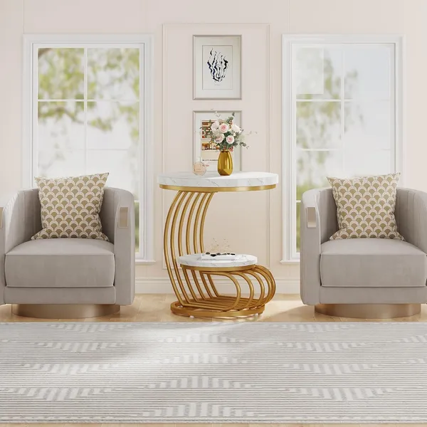 Weston_Crafts_Round_End_Table,_2-Tier_Modern_Wood_Side_Table_with_Shelf_Storage,_Faux_Marble_Sofa_Side_Bedside_Nightstand,_Arc-Shaped_Frame_Accent_Furniture_for_Living_Room,_Gold_&_White