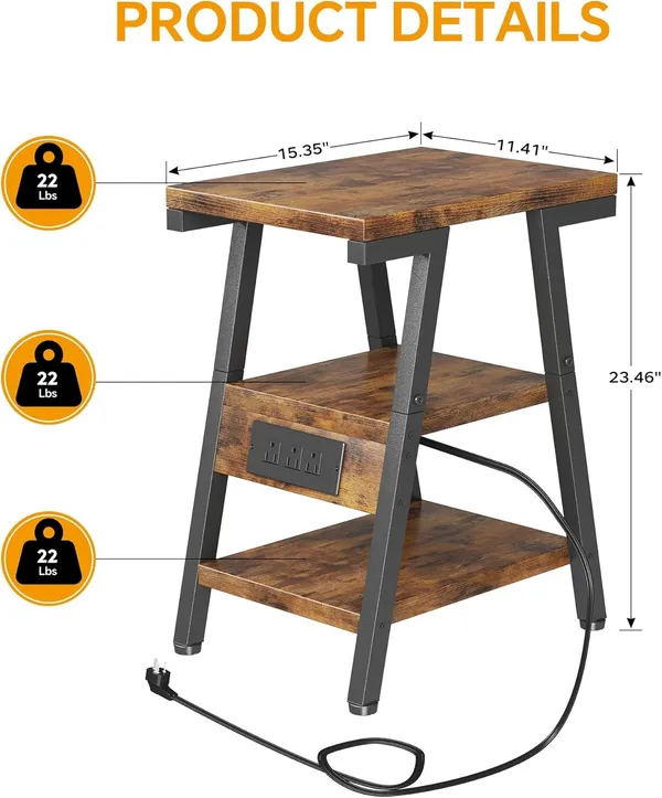 Weston_Crafts_SIde_Table_with_Charging_Station,_Small_End_Tables_with_Lucky_7_Metal_Shape,_3-Tier_Nightstand_with_Outlets_and_Adjustable_Leveling_Feet,_Side_Table_for_Living_Room,_Bedroom_(Rustic_Brown)