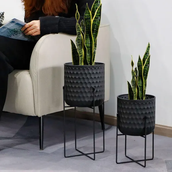 Weston_Crafts_Set_of_2_Planters_with_Stand_Indoor_Outdoor_Metal_Plant_Stand_8_*_18_&7_*_12_"Modern_Planters_Flower_Pots_for_Living_Room_Corner_Kitchen_Office_Garden_Balcony_Patio_Decor(Black)