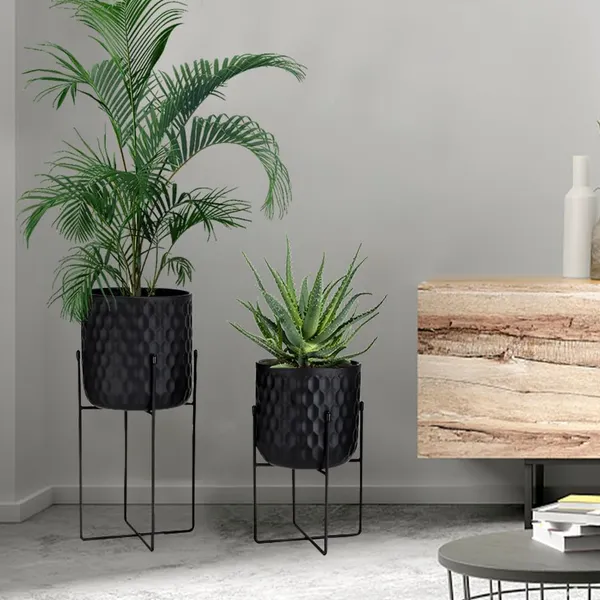 Weston_Crafts_Set_of_2_Planters_with_Stand_Indoor_Outdoor_Metal_Plant_Stand_8_*_18_&7_*_12_"Modern_Planters_Flower_Pots_for_Living_Room_Corner_Kitchen_Office_Garden_Balcony_Patio_Decor(Black)