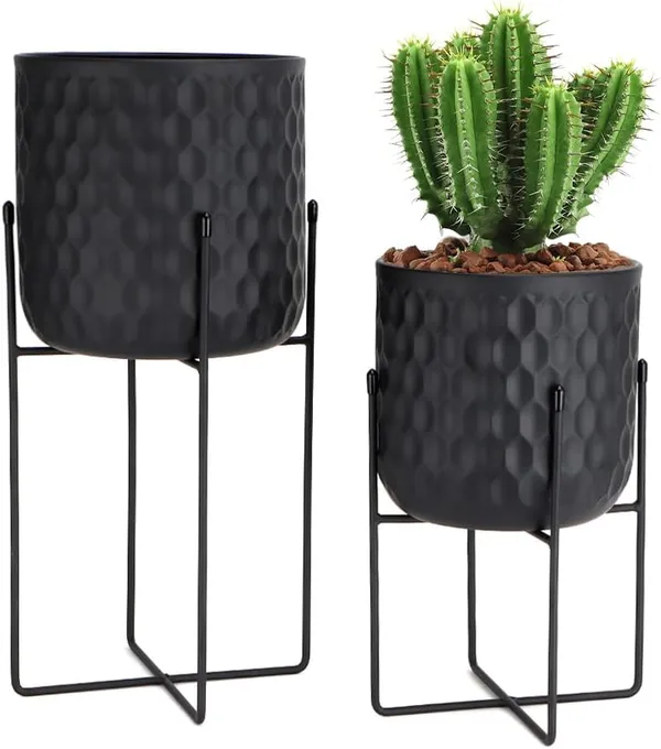 Weston_Crafts_Set_of_2_Planters_with_Stand_Indoor_Outdoor_Metal_Plant_Stand_8_*_18_&7_*_12_"Modern_Planters_Flower_Pots_for_Living_Room_Corner_Kitchen_Office_Garden_Balcony_Patio_Decor(Black)