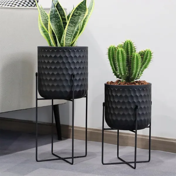 Weston_Crafts_Set_of_2_Planters_with_Stand_Indoor_Outdoor_Metal_Plant_Stand_8_*_18_&7_*_12_"Modern_Planters_Flower_Pots_for_Living_Room_Corner_Kitchen_Office_Garden_Balcony_Patio_Decor(Black)